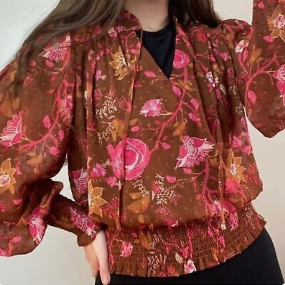 JOIE Brown & Pink Smocked Floral Balloon Sleeve Blouse Size Small Petite